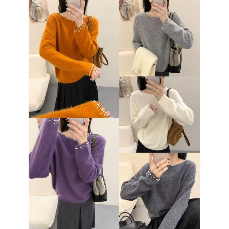 全羊毛钉珠打底衫秋冬新款圆领套头纯色羊毛衫百搭显瘦 小洁925