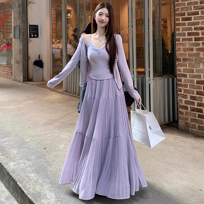 紫色雪纺半身裙女春夏2025新款高腰a字蓬蓬长裙垂坠感百褶蛋糕裙