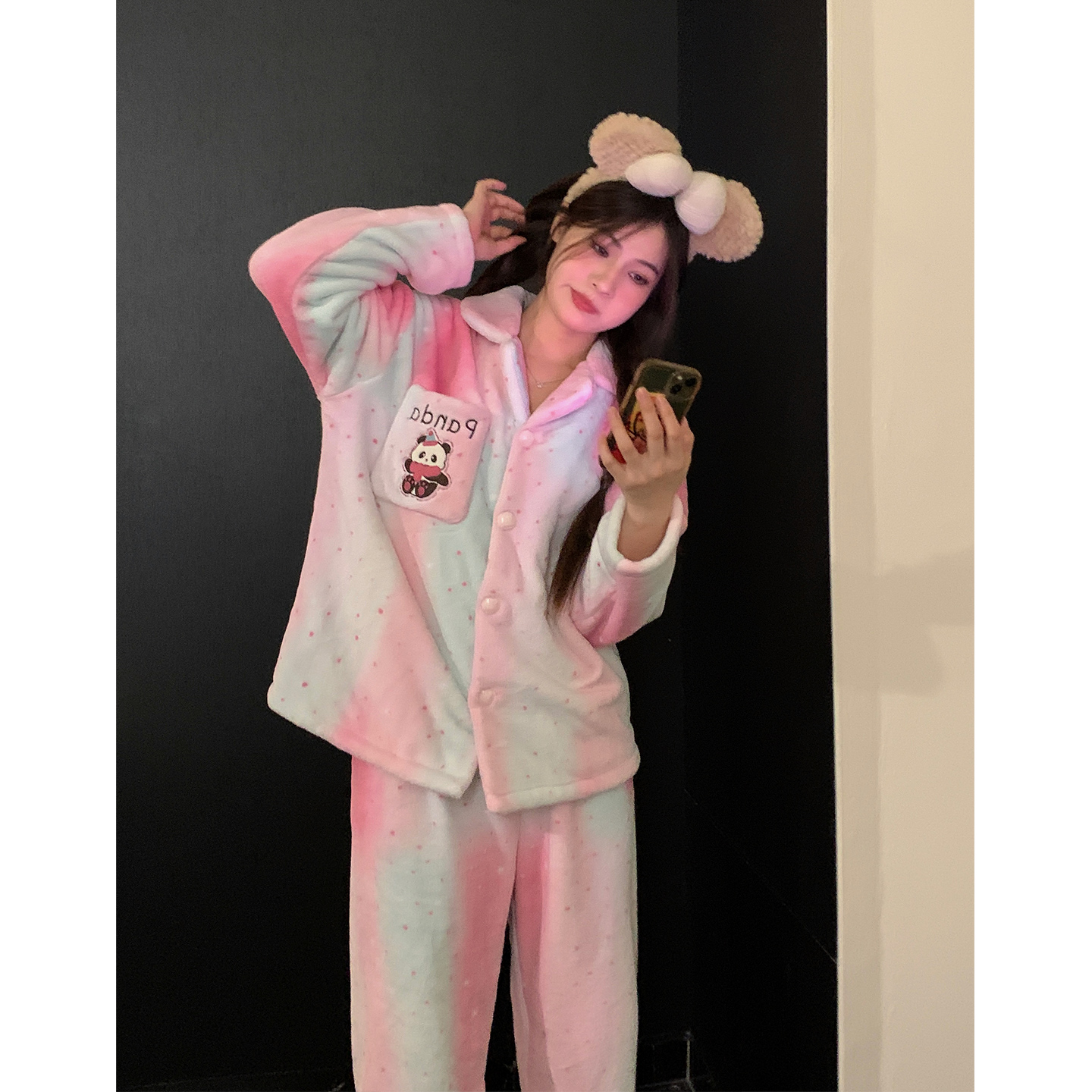 法兰绒睡衣女冬季加厚可外穿粉色渐变熊猫刺绣宽松休闲家居服套装