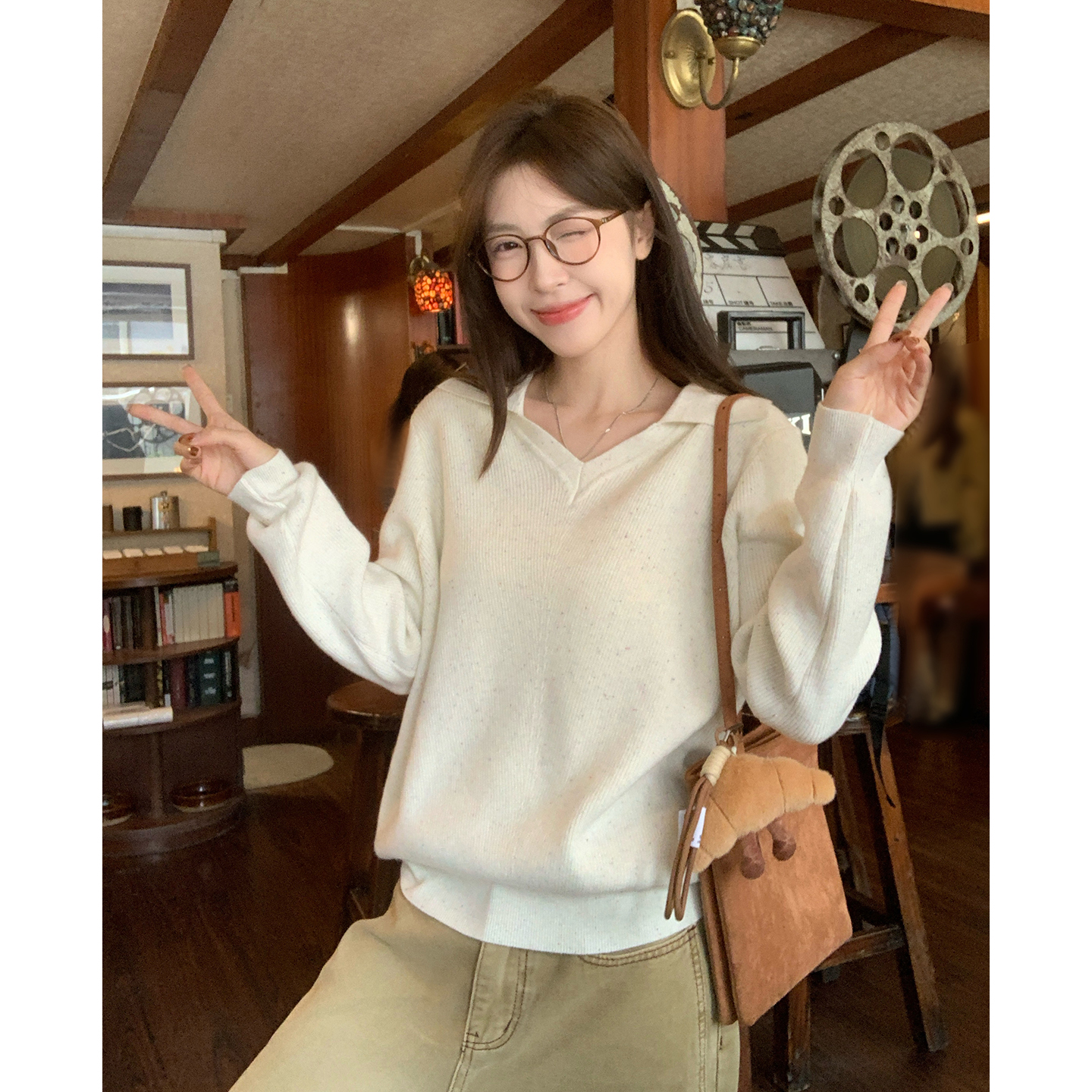 morning bloom翻领长袖针织衫女秋季毛衣外套内搭打底Polo领上衣