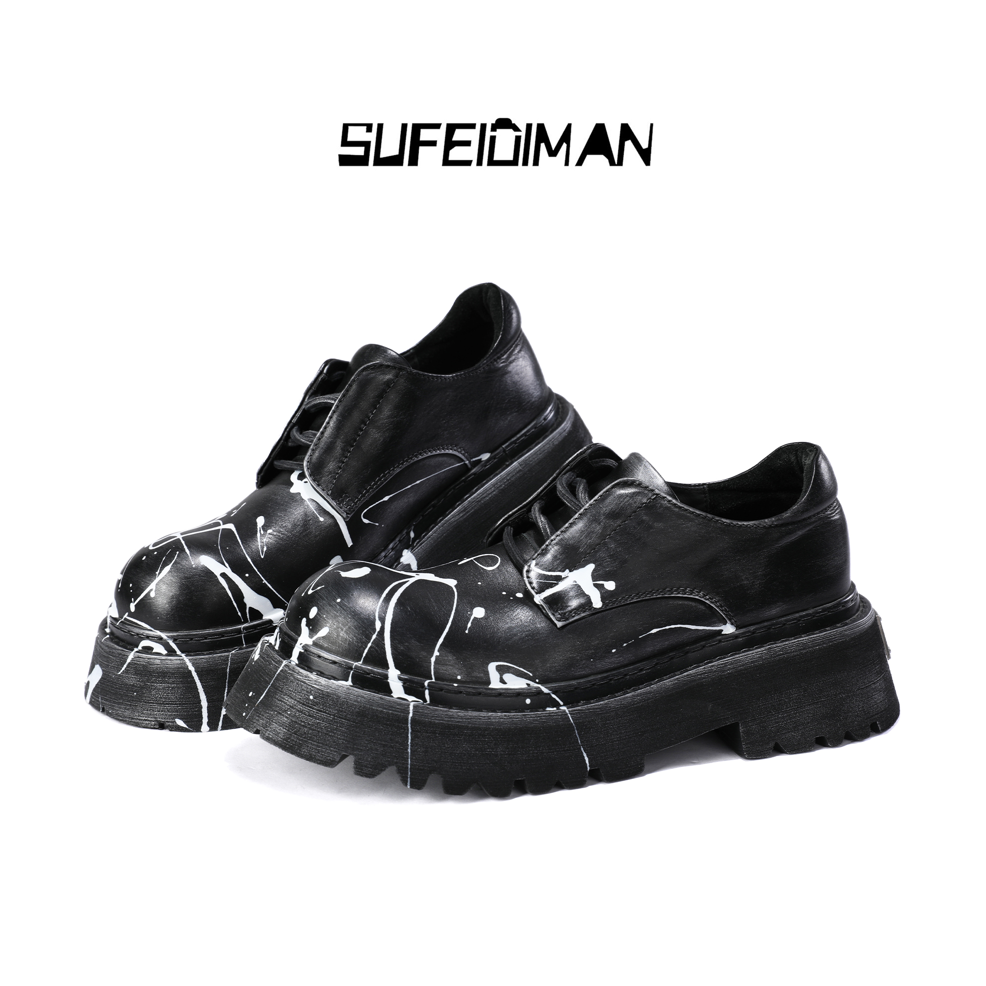 素菲迪缦休闲设计师男鞋淋色系带圆头厚底小众时尚设计师真皮男款