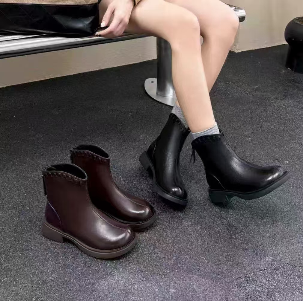 真皮加绒保暖2025秋冬新款女鞋英伦风厚底粗跟瘦瘦靴马丁靴百搭