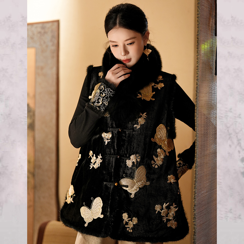 【金蝶】冬季新中式国风叠穿马甲外穿冬夹棉水貂毛外套新中式上衣