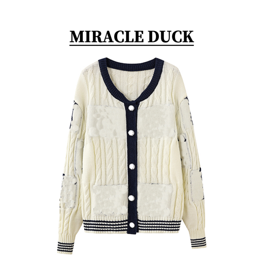 【NO退No换】秋冬时尚学院风白色刺绣撞色长袖针织开衫C1879