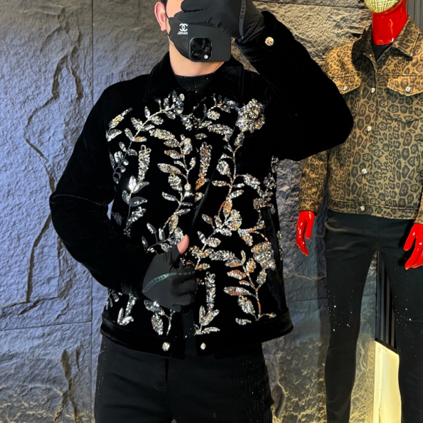 2025新款长袖潮流ins银叶繁花刺绣印花翻领秋冬加绒加厚外套JK222