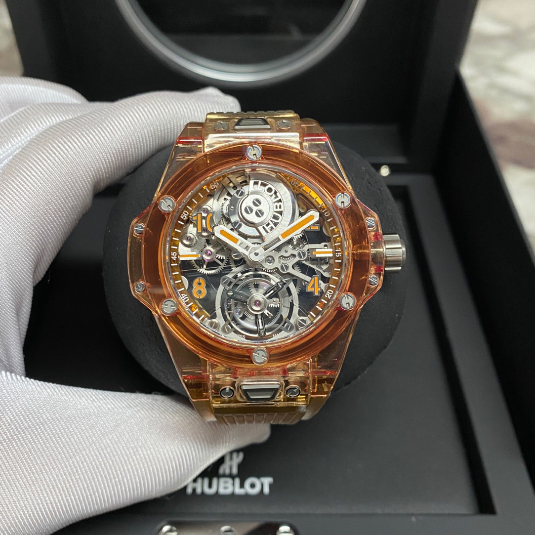 99新 Hublot/宇舶表 419.大爆炸45橙水晶陀飞轮镂空盘胶带二手单