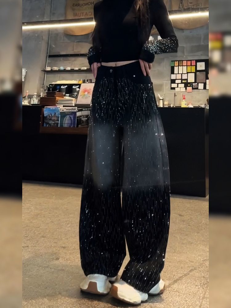 美式复古设计感水洗渐变牛仔裤子女辣妹满天星爆闪烫钻拼接拖地裤