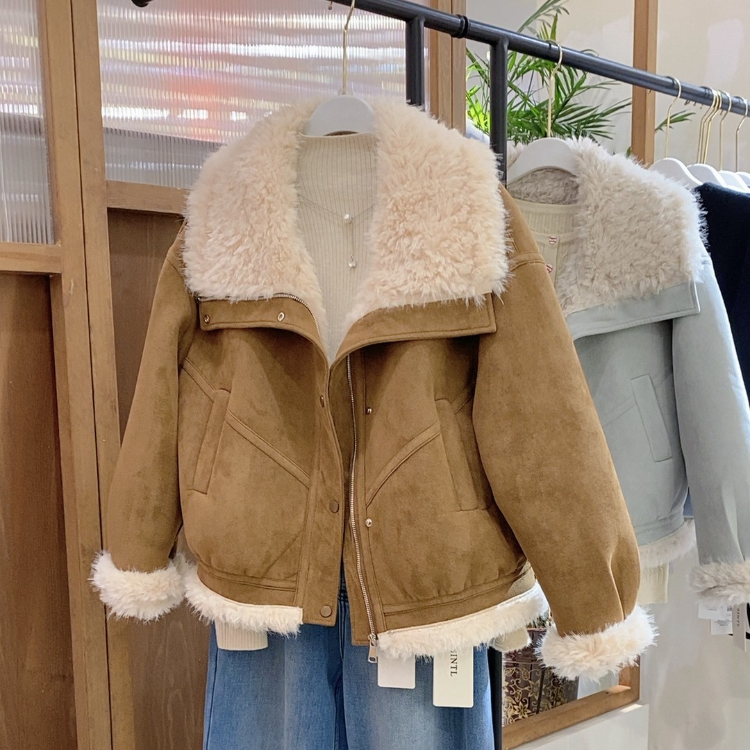 冬季~韩版短款羊羔毛加绒加厚保暖休闲外套