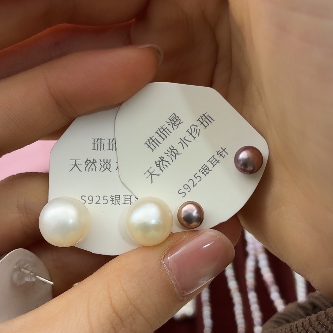 银S925镶嵌淡水珍珠耳饰52微暇