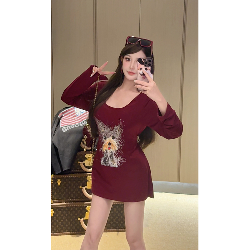 设计感小众大圆领长袖卡通小狗T恤2025秋新款休闲宽松上衣罩衫