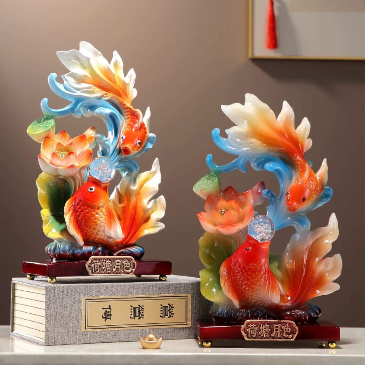 荷塘月色金鱼招财摆件创意新中式工艺品树脂客厅玄关酒柜装饰桌面