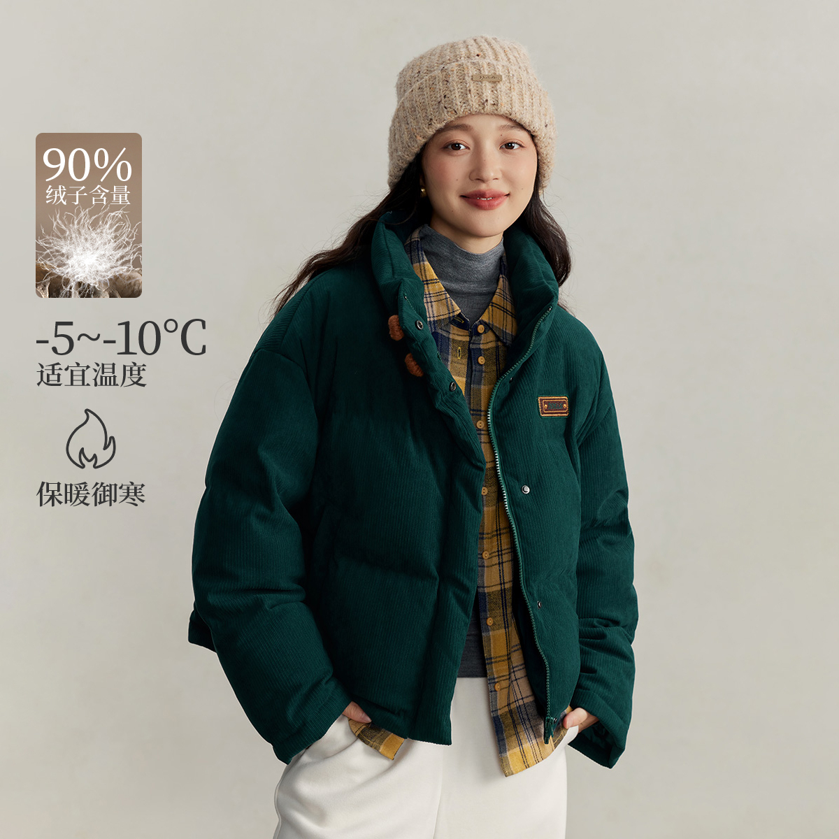 【流光风穿搭】茵曼25冬季复古巴恩风保暖羽绒服立领宽松短款外套女