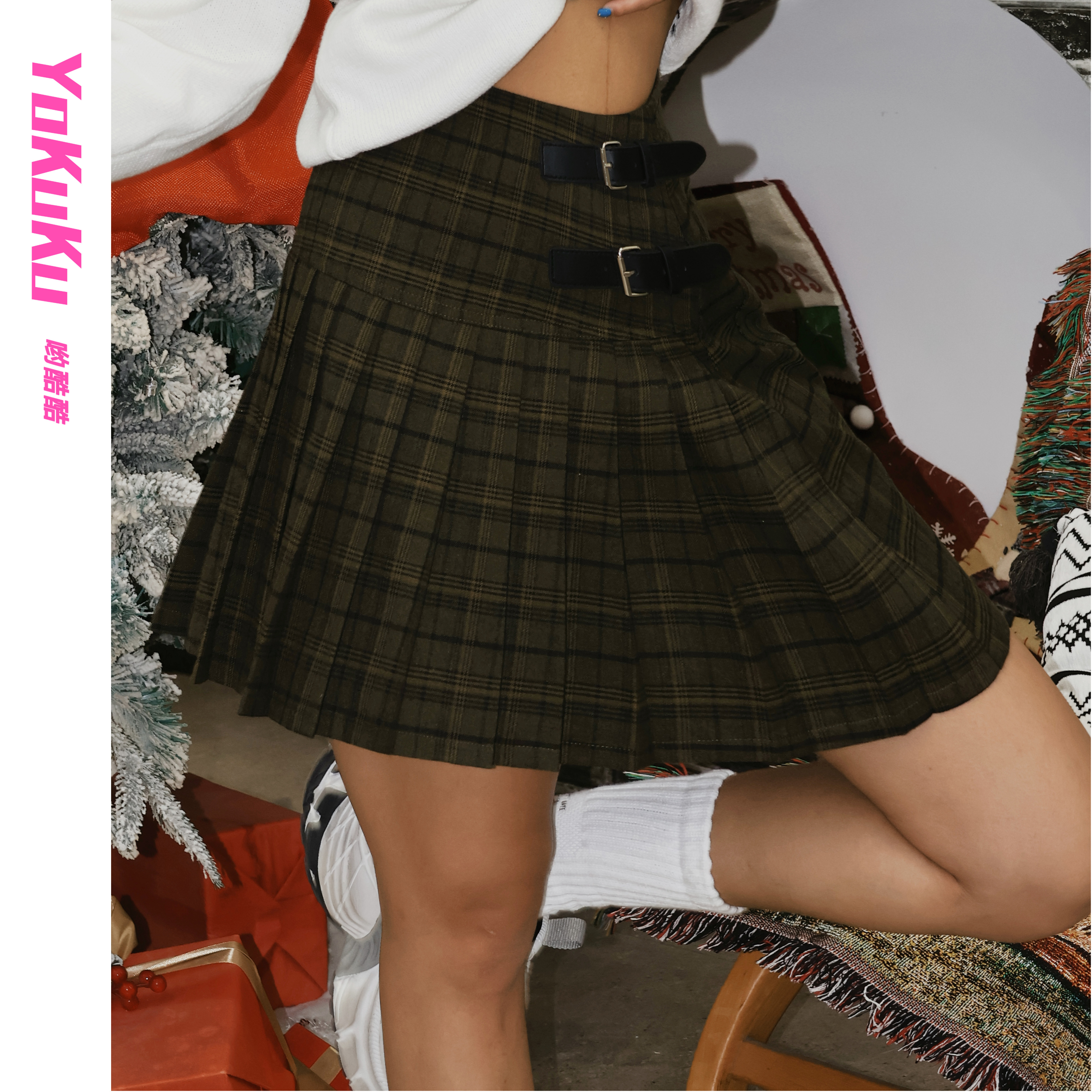 哟酷酷（圣诞派对）复古格纹百搭显瘦学院风显瘦A字百褶显腿长短裙