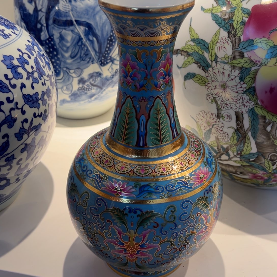 ！***风摆件陶32cm蓝色景泰蓝赏瓶