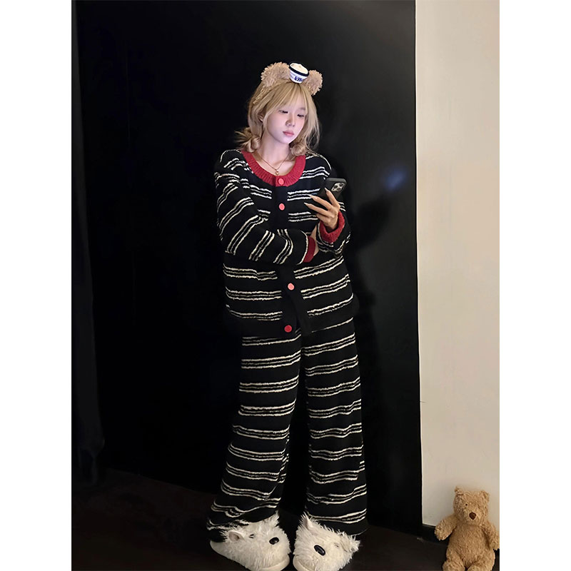 日系条纹撞色半边绒睡衣女冬季针织开衫保暖加厚家居服可外穿套装