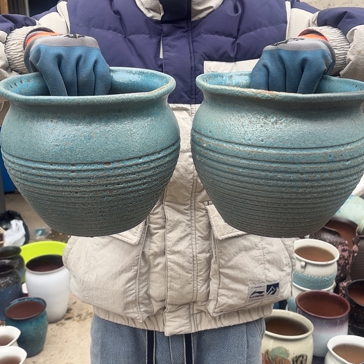 紫砂茶碗蓝泡泡两个口径20*18