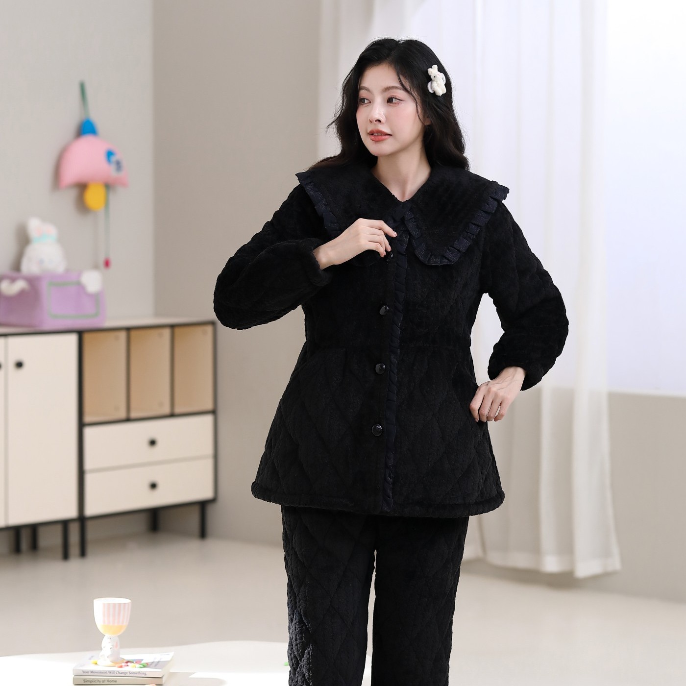 H新款女士三层加厚加绒夹棉冬季连帽可外穿睡衣