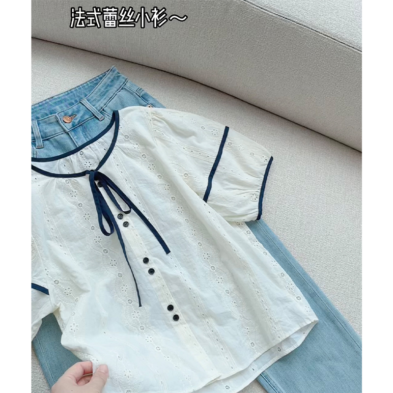 【藏青蝴蝶结小衫】复古甜美撞色短袖小衫