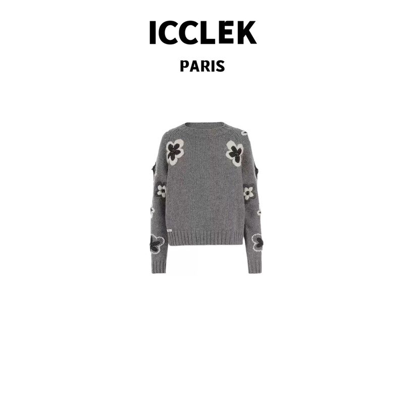 ICCLEK 灰色圆领手工花朵字长袖针织衫 气质 轻奢 名媛 -3567