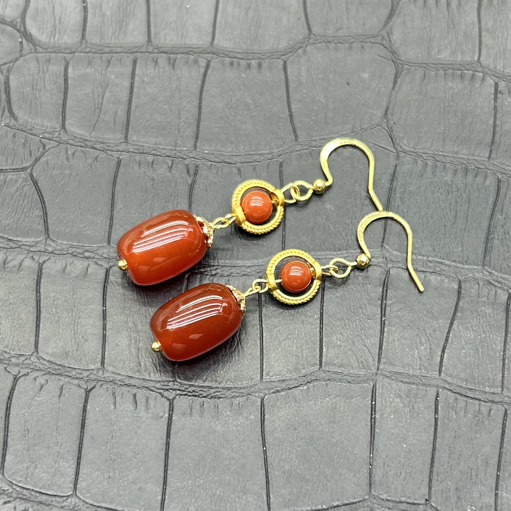 冰红玛瑙桶珠耳饰长耳坠