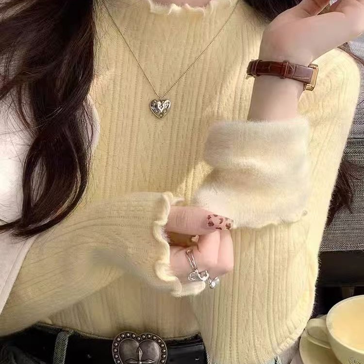 黄色加绒加厚毛衣女半高领木耳边针织打底衫秋冬内搭显瘦上衣