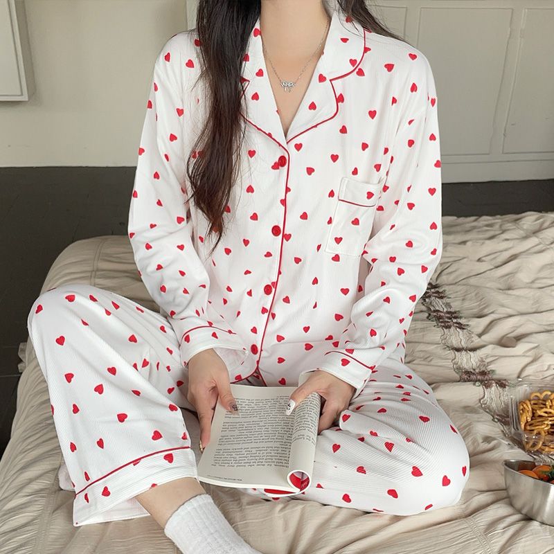 [螺纹德绒】秋冬季新款女爱心翻领长袖长裤宽松舒适亲肤家居服睡衣