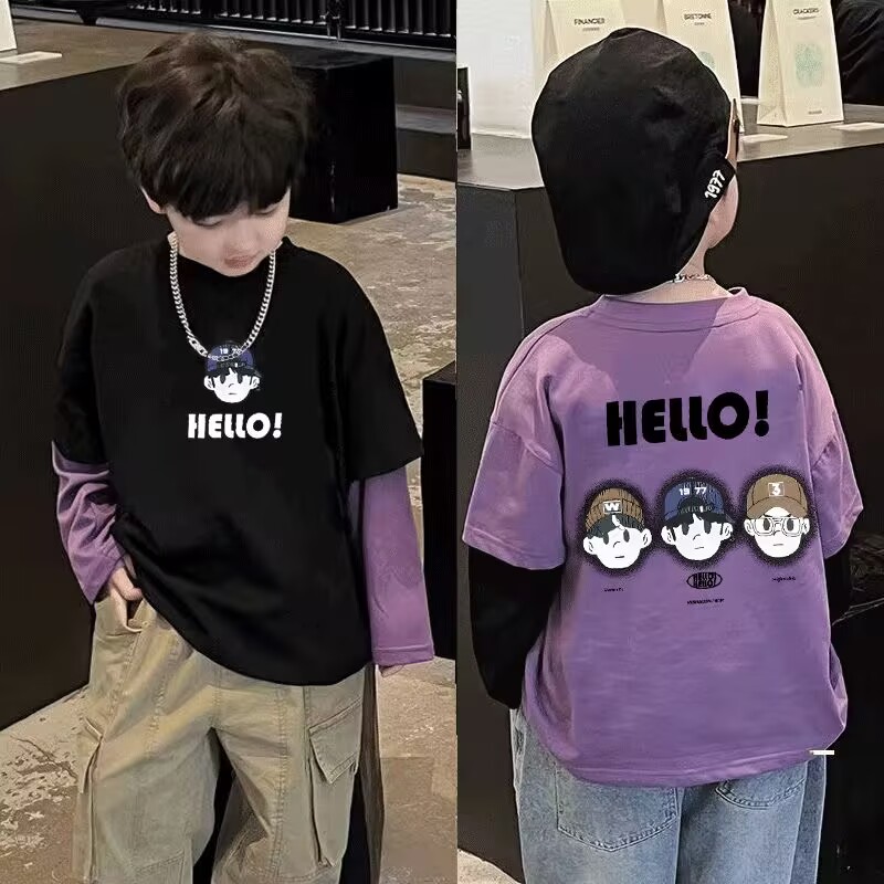 纯棉男童男宝t恤纯棉长袖假两件春秋装卡通中大童宝宝上衣童装