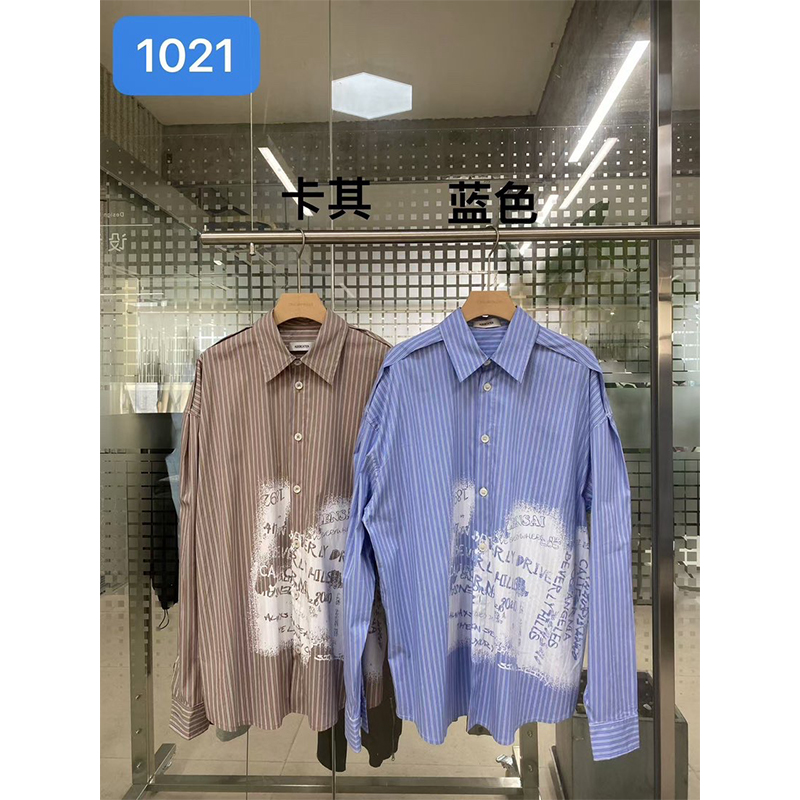 A1021 涂鸦脏脏字母条纹衬衫宽松复古衬衣休闲百搭上衣