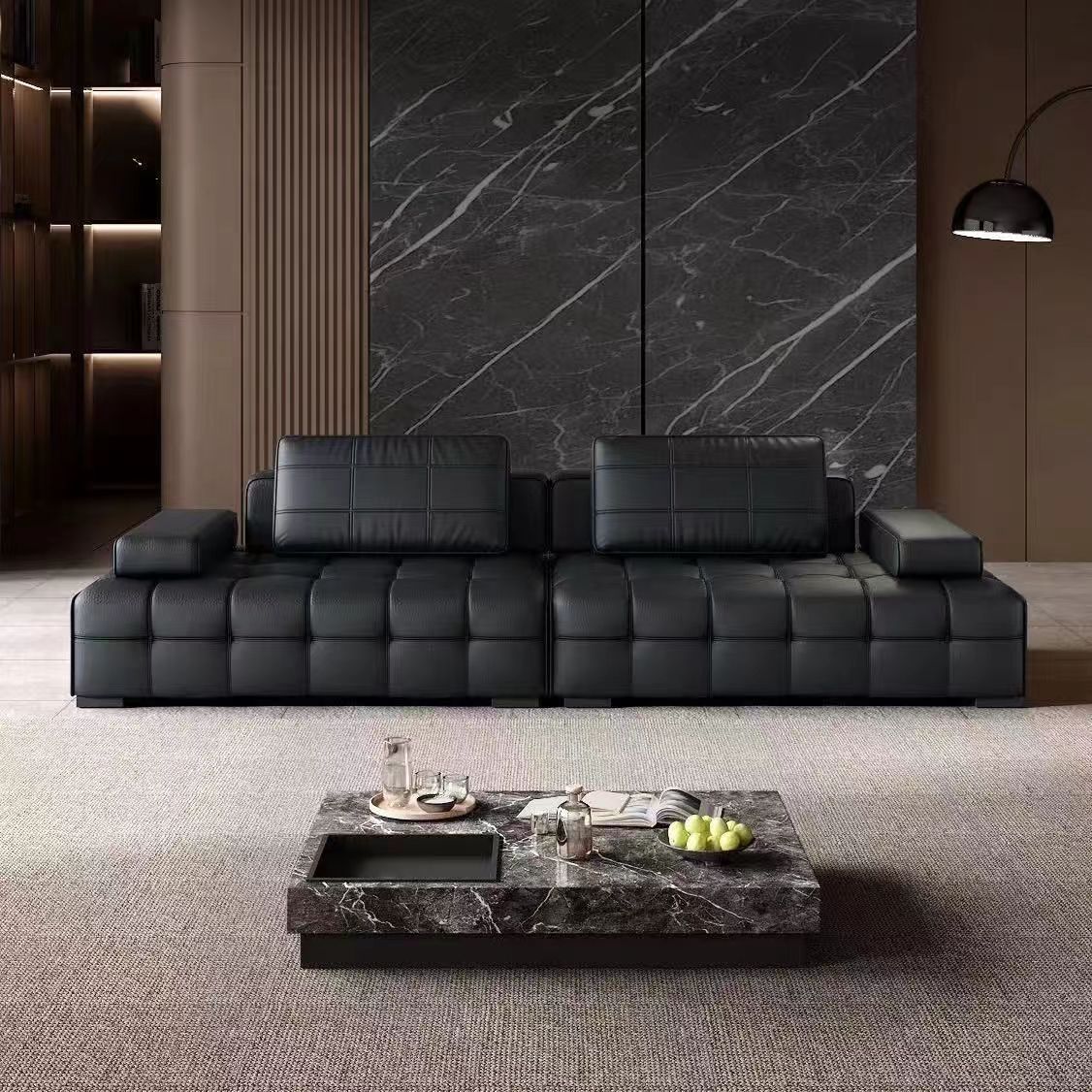 【劳伦斯】黑色直排沙发别墅大平层意式极简客厅真皮沙发家用落地