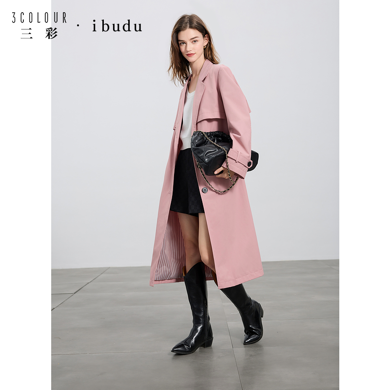 三彩ibudu2025春季新款西装领单排扣风衣外套长款宽松通勤女