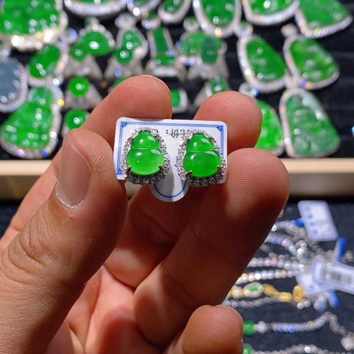 翡翠耳饰银S925镶嵌天然A货翡翠