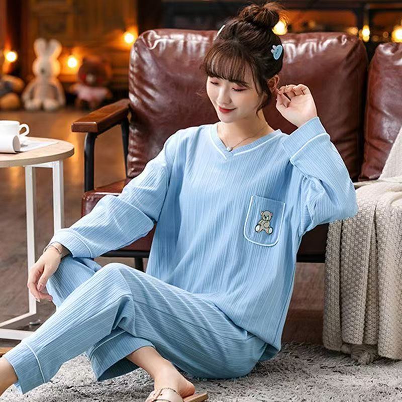 春秋季女士长袖睡衣宽松大码家居服套装可外穿