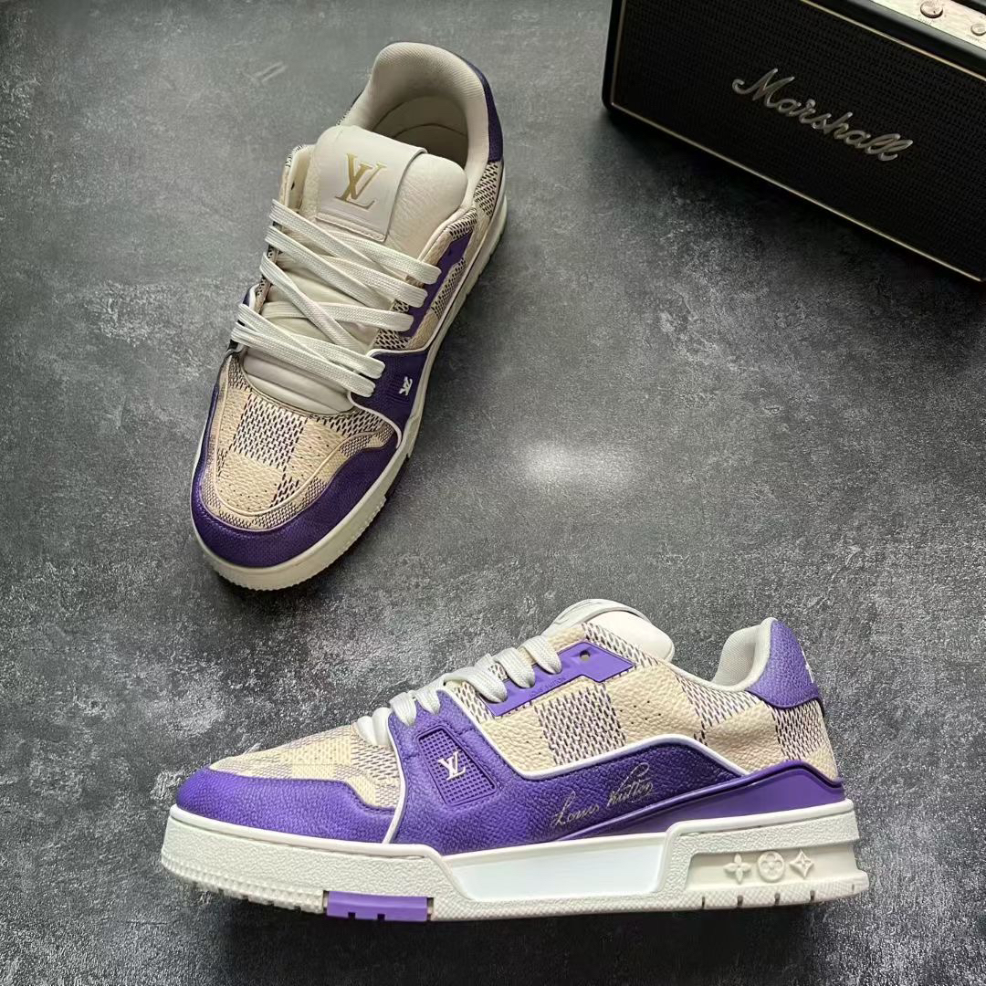 99新 LouisVuitton/路易威登 41.5码 TRAINER 白紫棋盘格 鞋