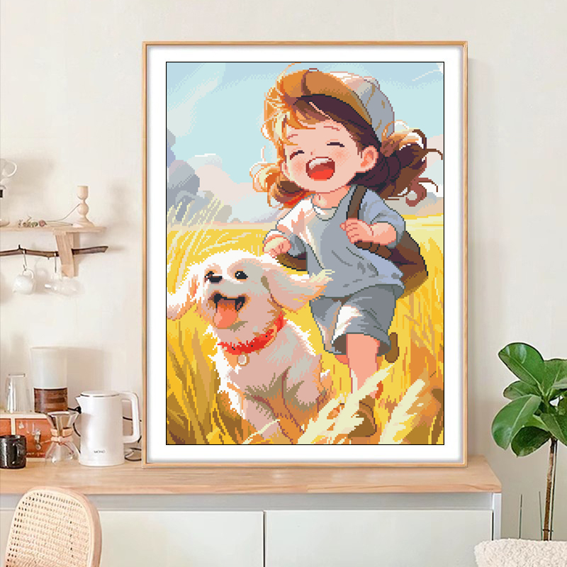 垚心卡通女孩十字绣新款线绣可爱小狗客厅玄关简单手工小件自己绣