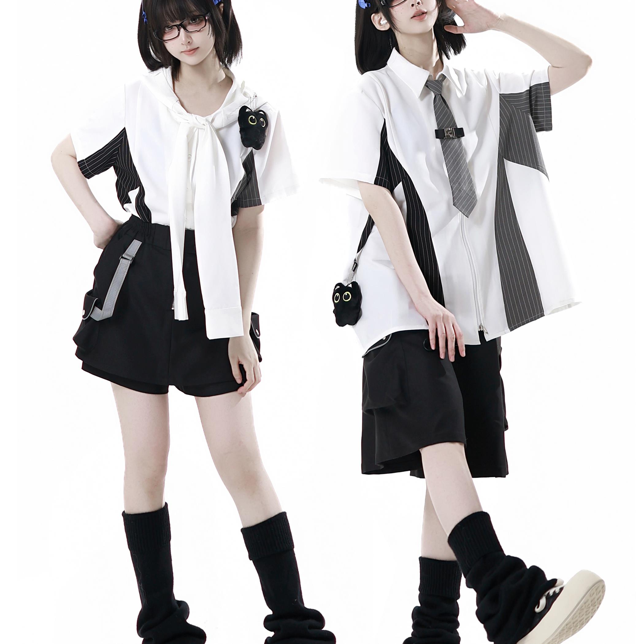 PINKSAVIOR【幻影航线】夏日休闲条纹拼接设计感衬衫套装显瘦情侣