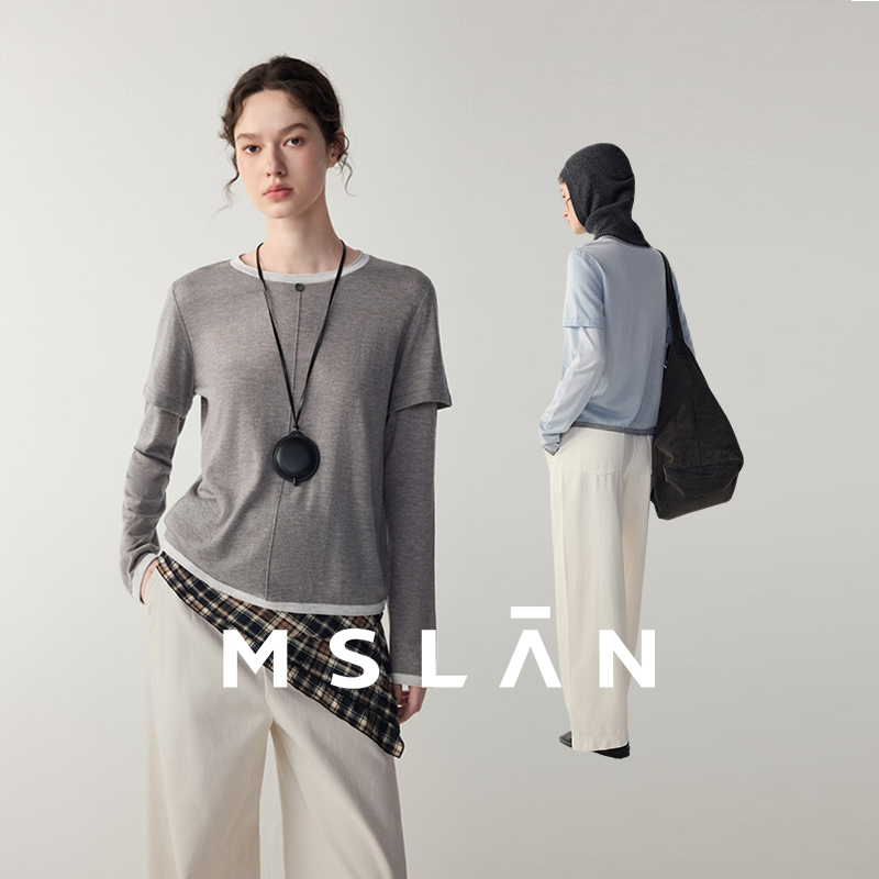 MSLAN解构假两件撞色云柔针织衫呼吸感拼接袖圆领套衫新款MHCE353