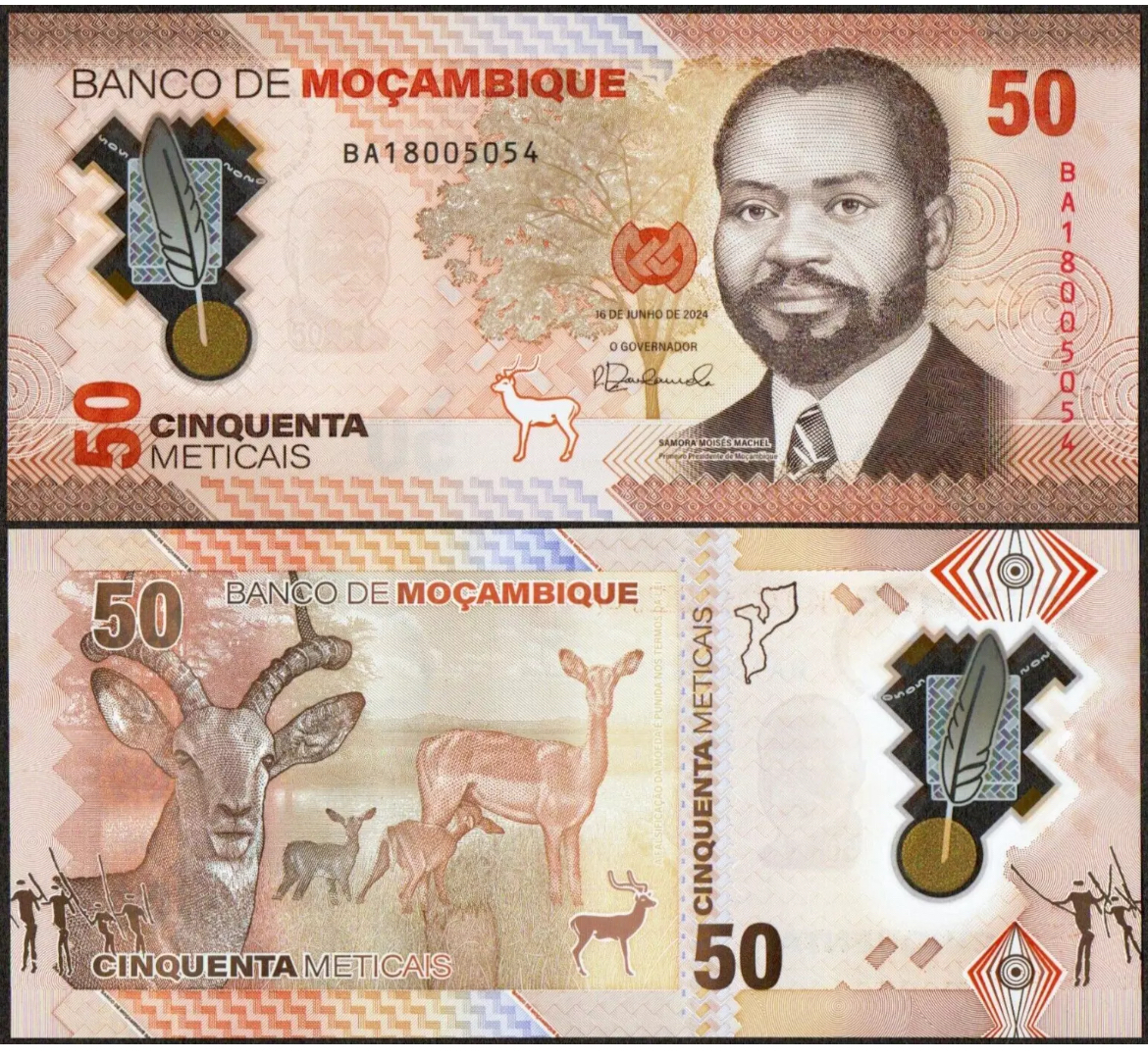 全新BA首冠 莫桑比克50梅蒂卡尔 2024年 塑料钞 外币UNC收藏保真