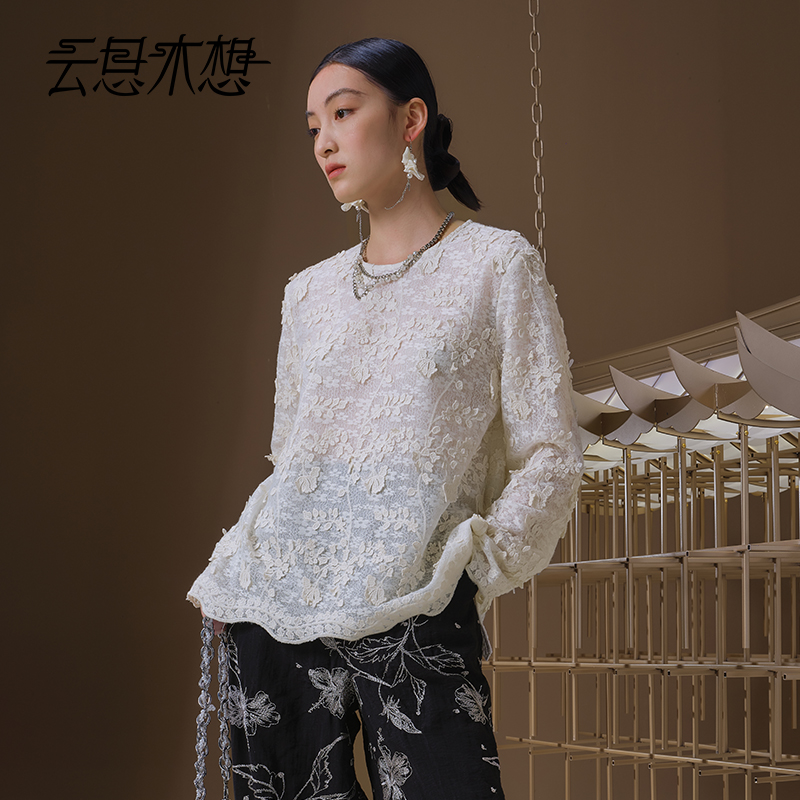 Ysimo-X云思木想 锦上繁花 蕾丝立体绣花衣摆花边长袖T恤13025