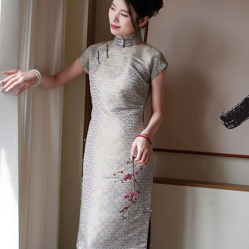 玲珑缎春夏新复古异色织锦缎中式显瘦长旗袍透气锦绣全开襟手工扣