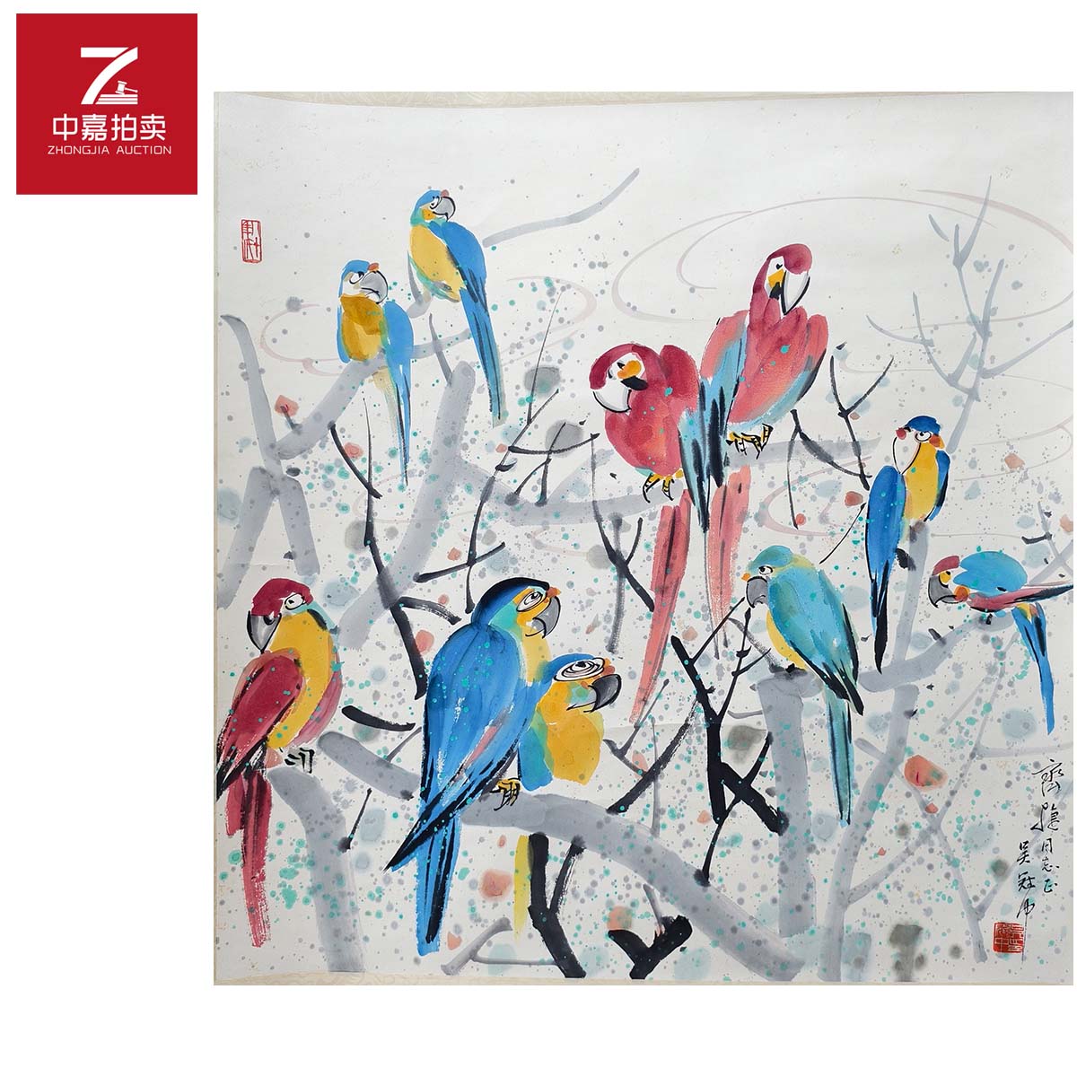 1-W0005绘画立轴鹦鹉67x66