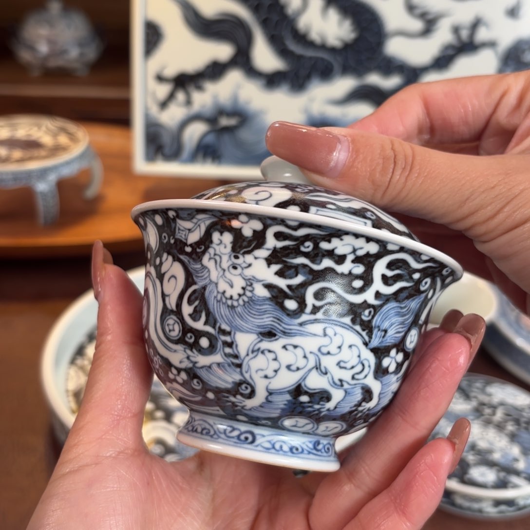 杯蓝底瑞兽盖碗博陵造物