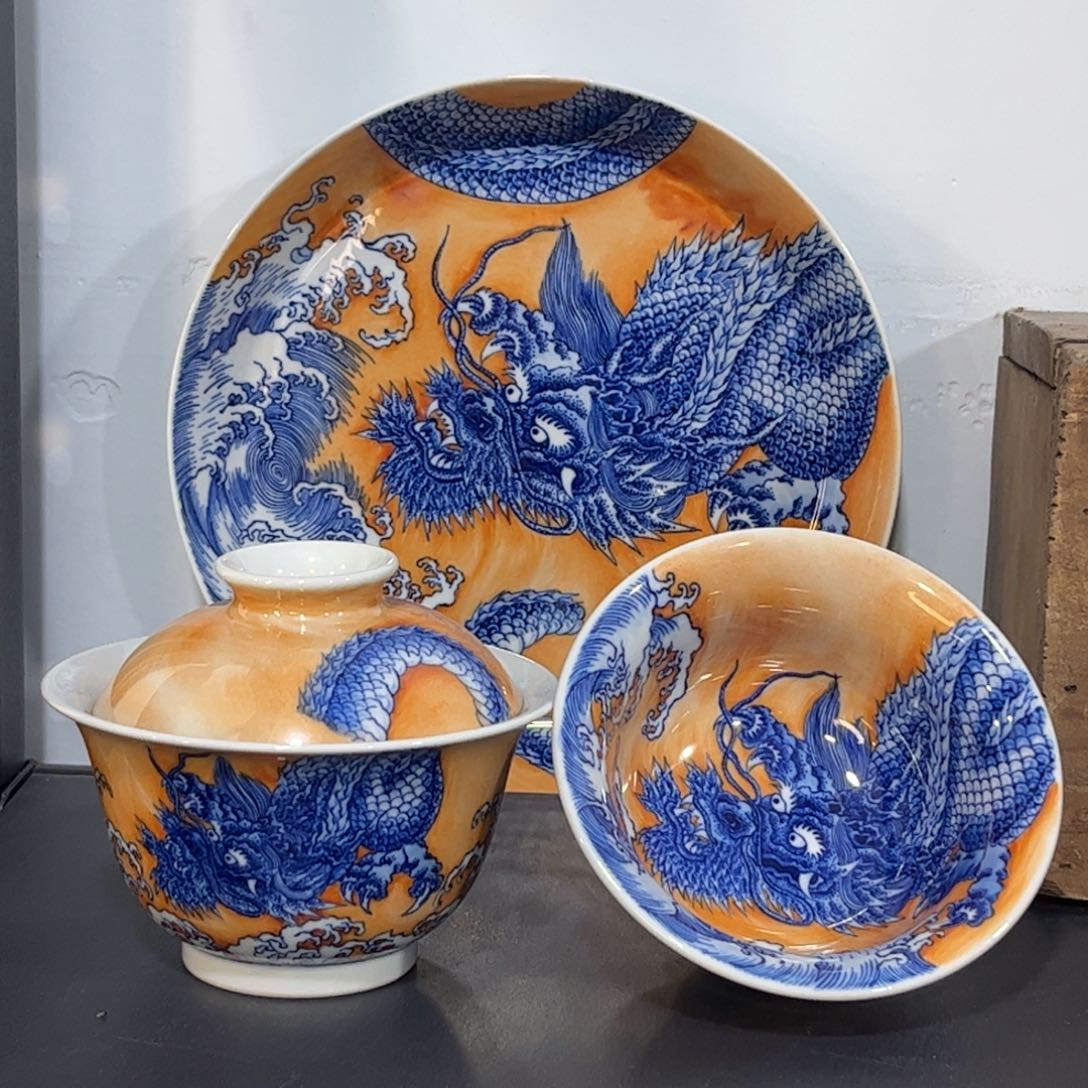 青花矾红苍龙三件套 可拆分