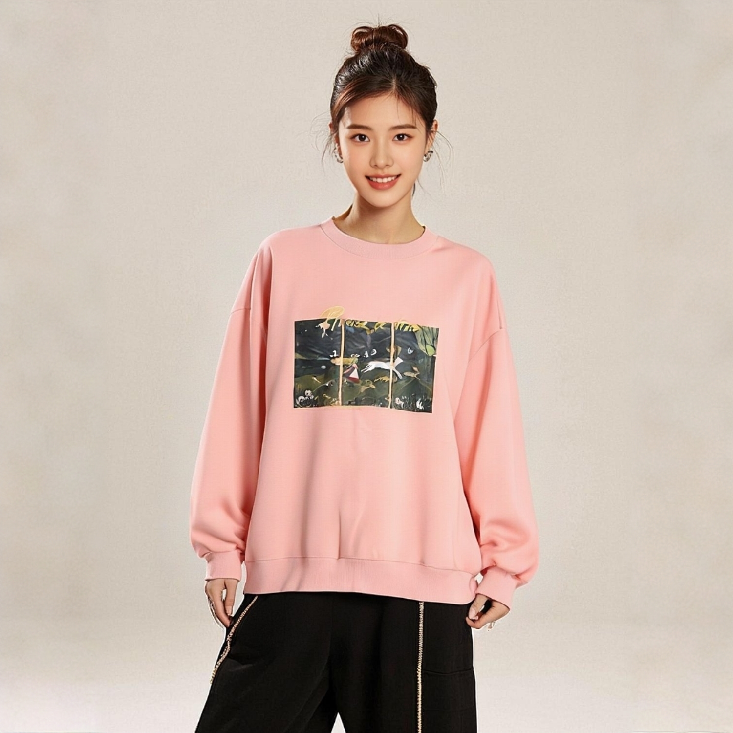 优选新品文艺风套头宽松艺术画甜美卫衣外套秋季女品牌折扣083