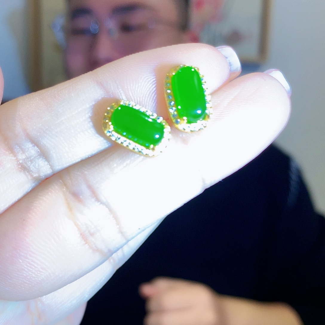 和田玉（碧玉）耳饰银S925镀金镶嵌