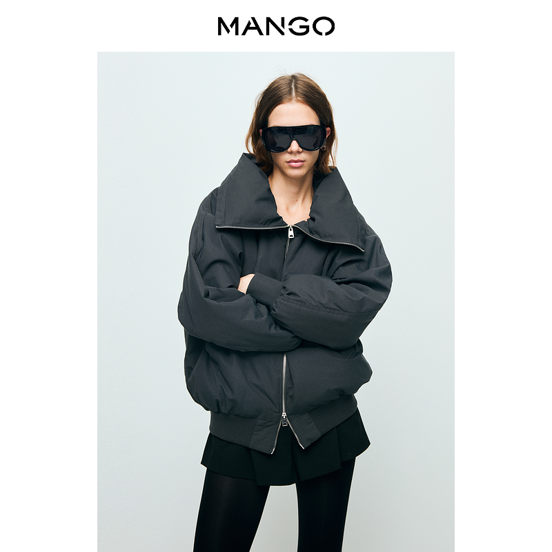 MANGO女装短外套2025冬装新款复古翻领双拉链保暖飞行员夹克