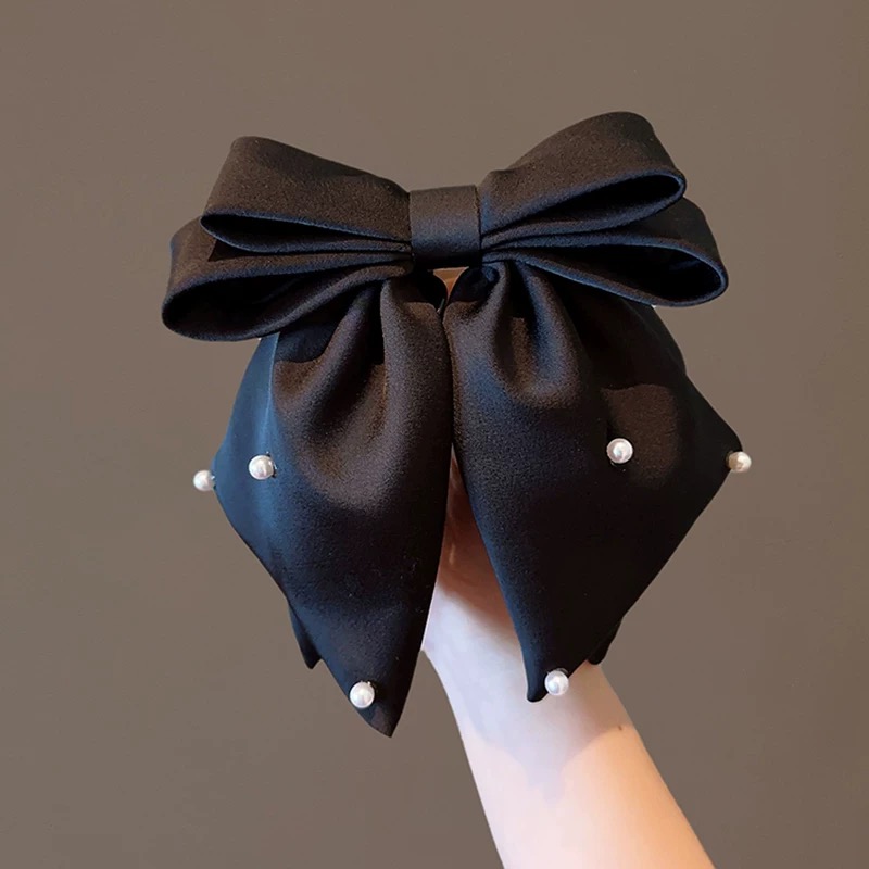 气质蝴蝶结发饰女缎面珠珠飘带后脑勺马尾鲨鱼夹发卡发饰1660