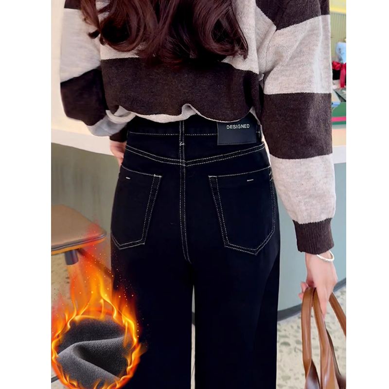 美思源加绒直筒牛仔裤女爆款黑金色2025新款秋冬高腰窄版阔腿裤子