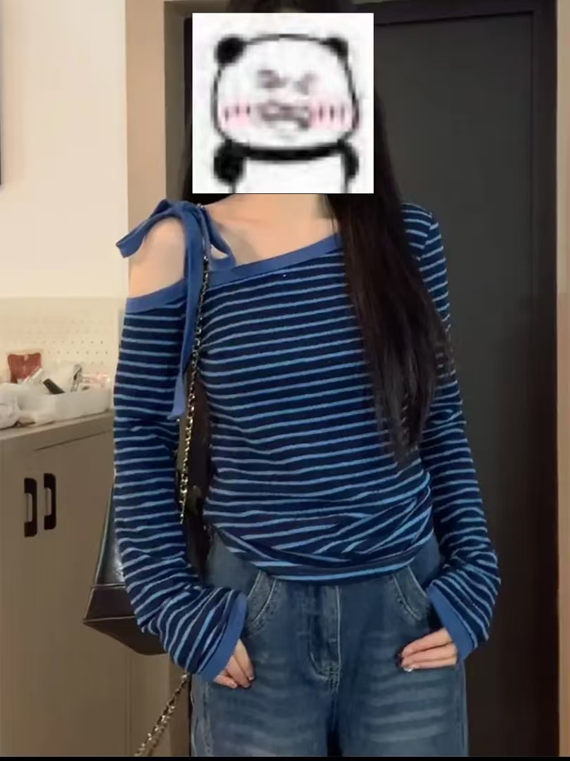 （W0277）蓝色条纹斜肩绑带长袖t恤春内搭打底衫正肩甜辣妹露肩上衣