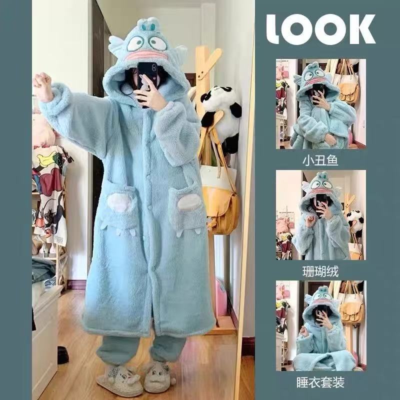 睡衣女冬季珊瑚绒法兰绒加厚可爱网红丑鱼长款睡袍秋冬家居服套装