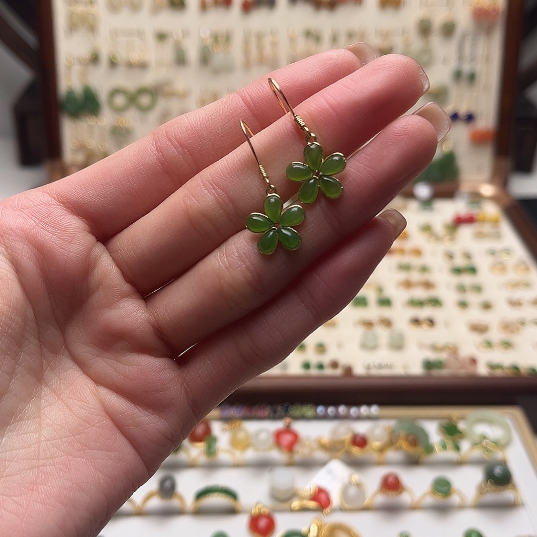 和田玉银S925镀金镶嵌耳饰